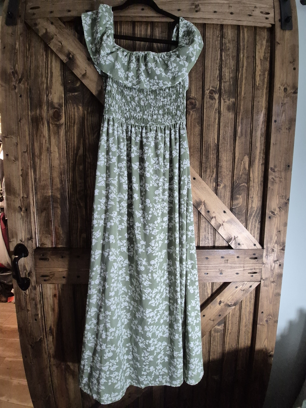 Magnolia Olive Green Floral Maxi Dress with White Print
